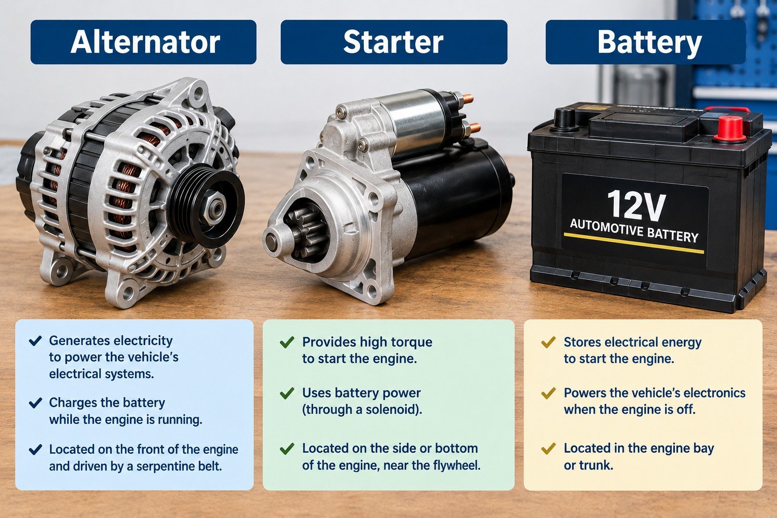 Alternator, starter, and battery shown side by side for comparison