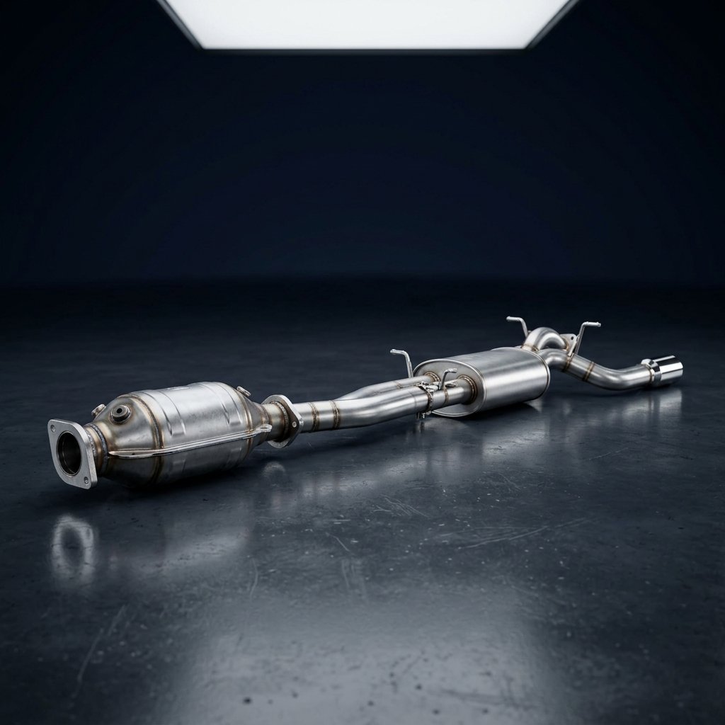 Replacement catalytic converter shown next to a vehicle exhaust system