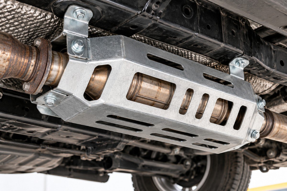 A catalytic converter shield installed to protect against theft