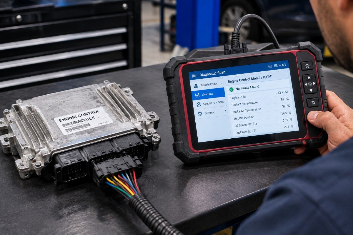 Engine control module being tested with a diagnostic scan tool