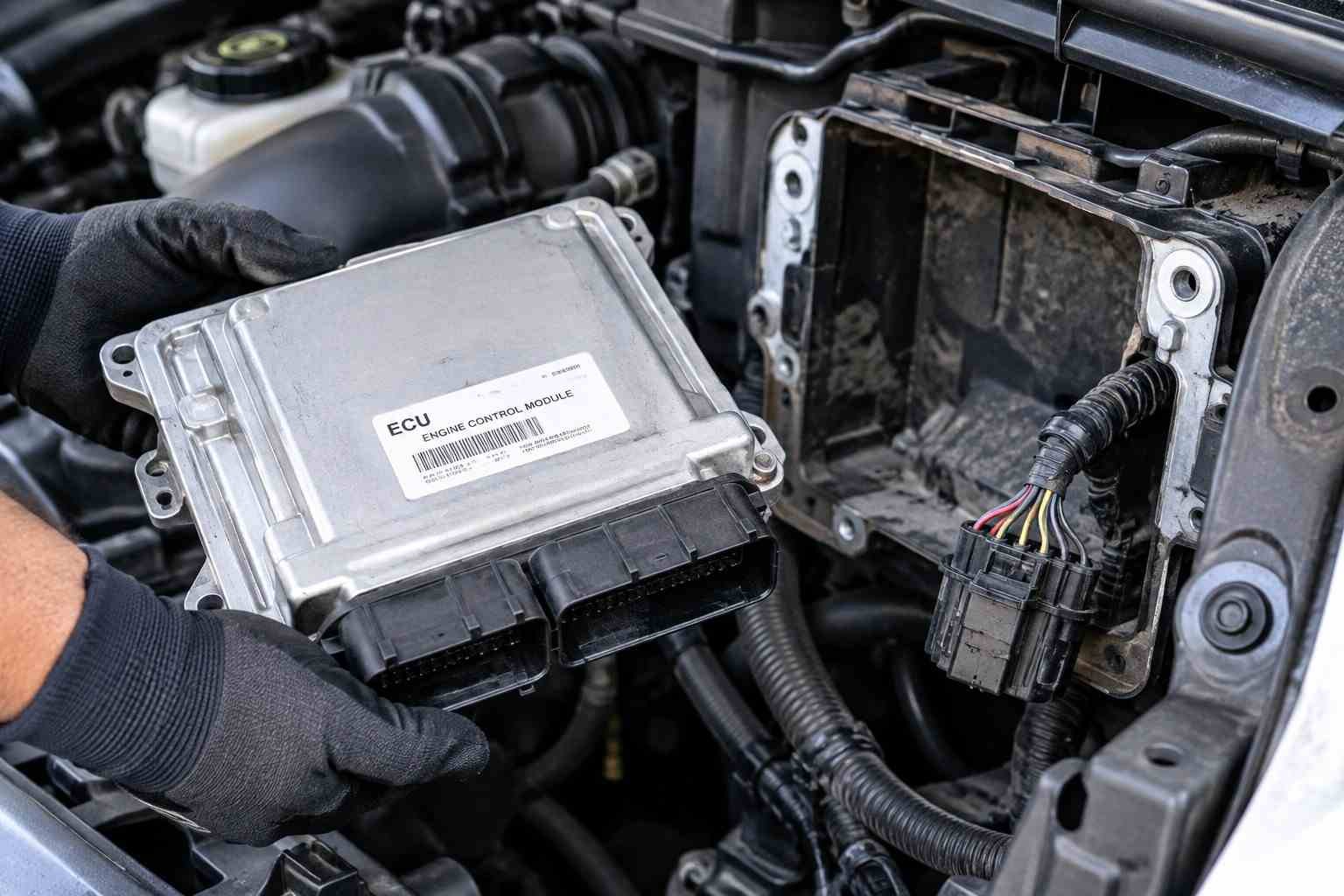 Engine control module unit removed from a vehicle for replacement