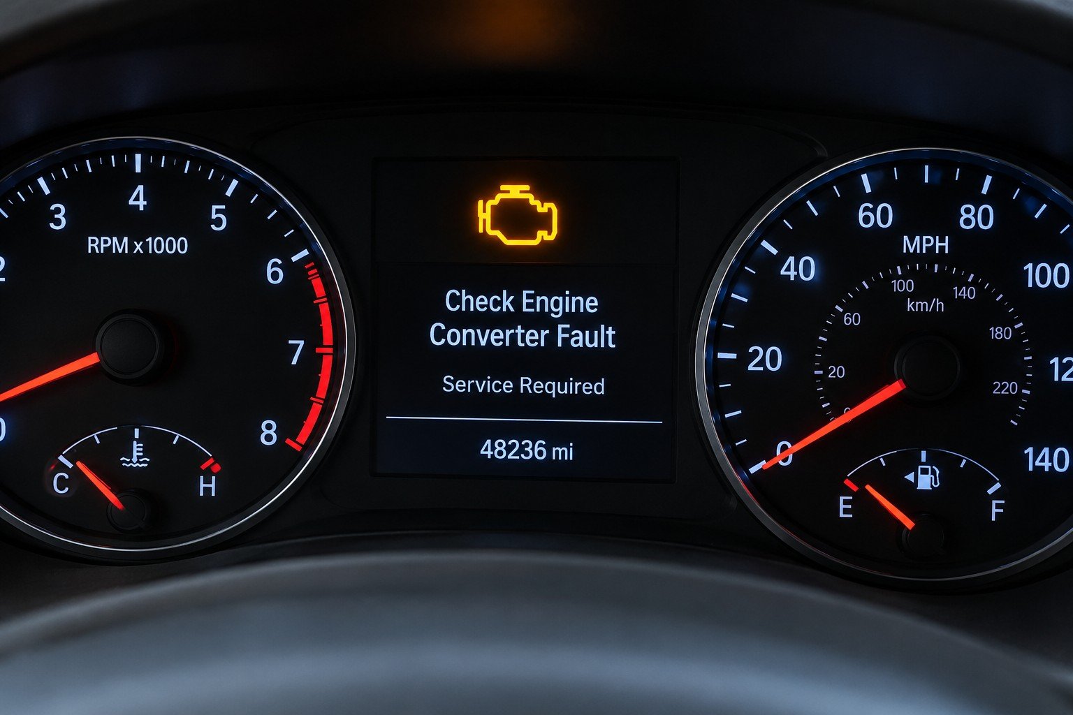 engine light illuminated on a vehicle dashboard indicating a possible converter fault