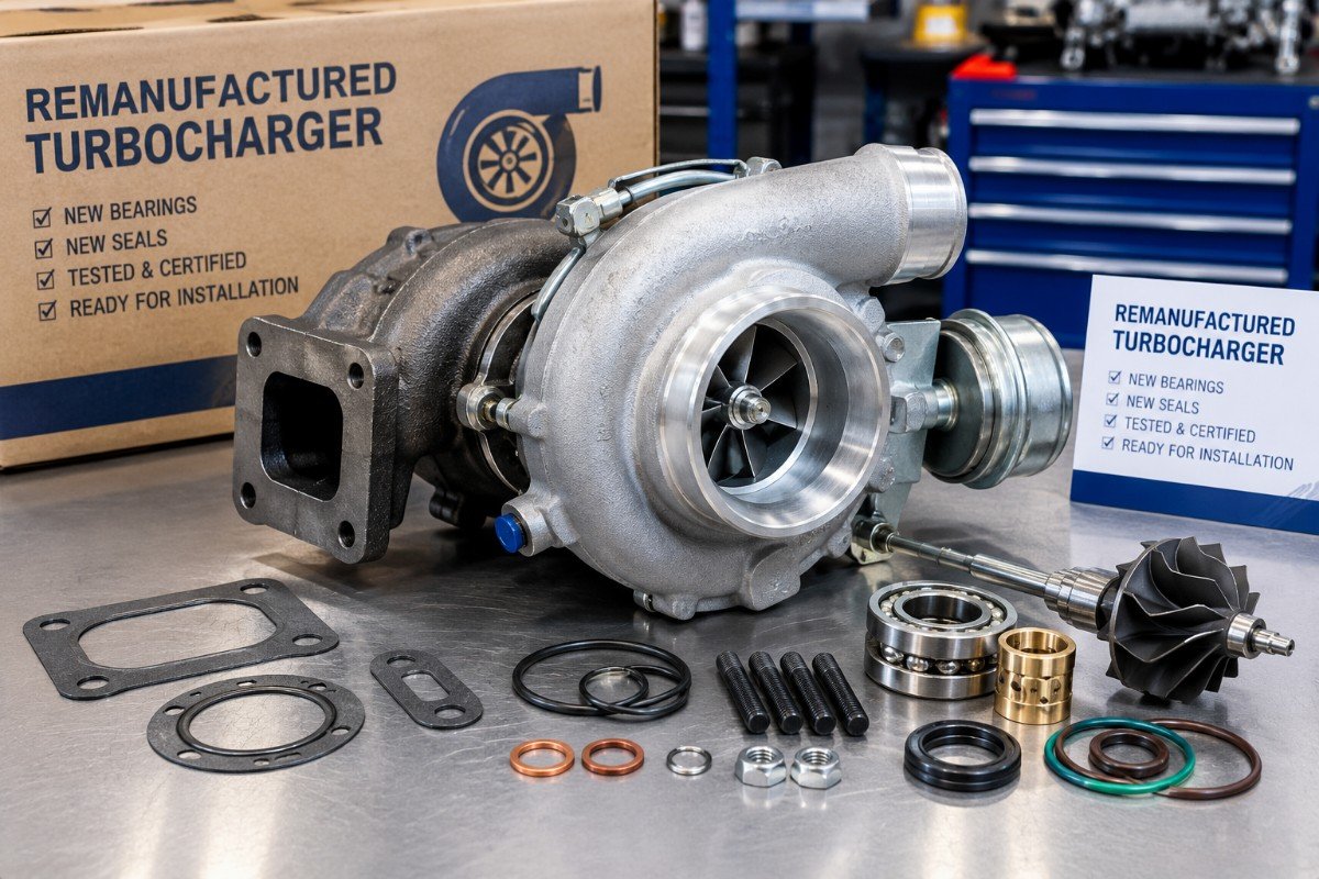 Remanufactured turbocharger with new bearings and seals ready for installation