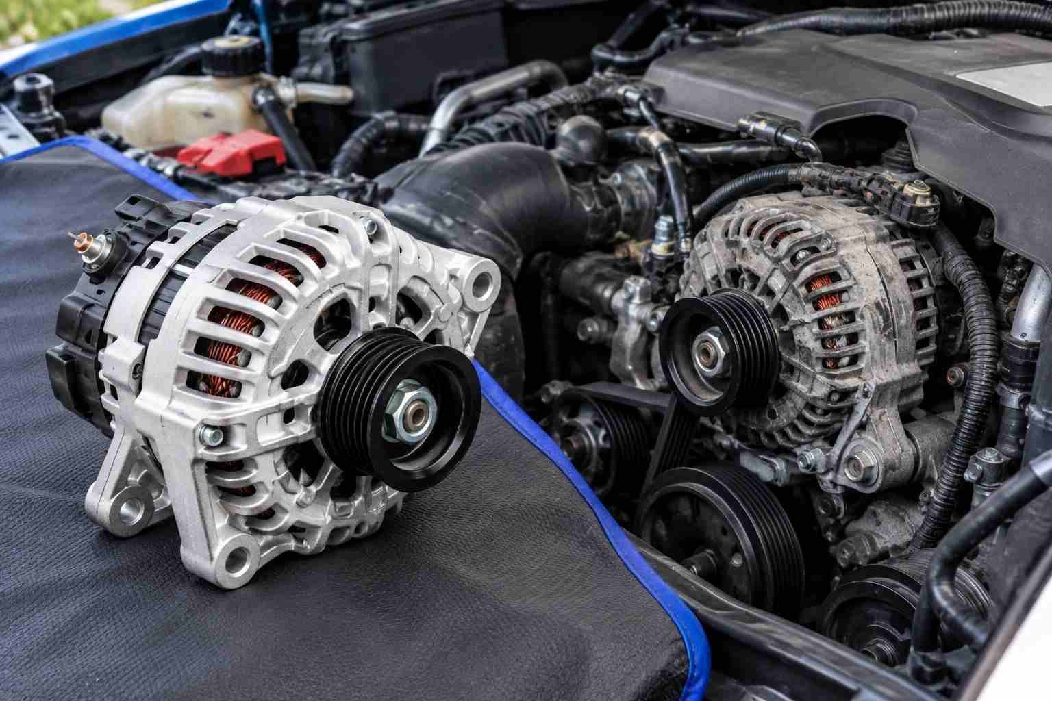 Replacement alternator shown next to a vehicle engine bay