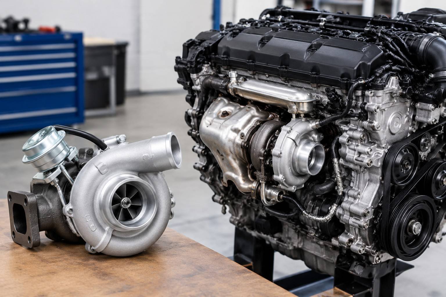 Replacement turbocharger unit shown next to an engine