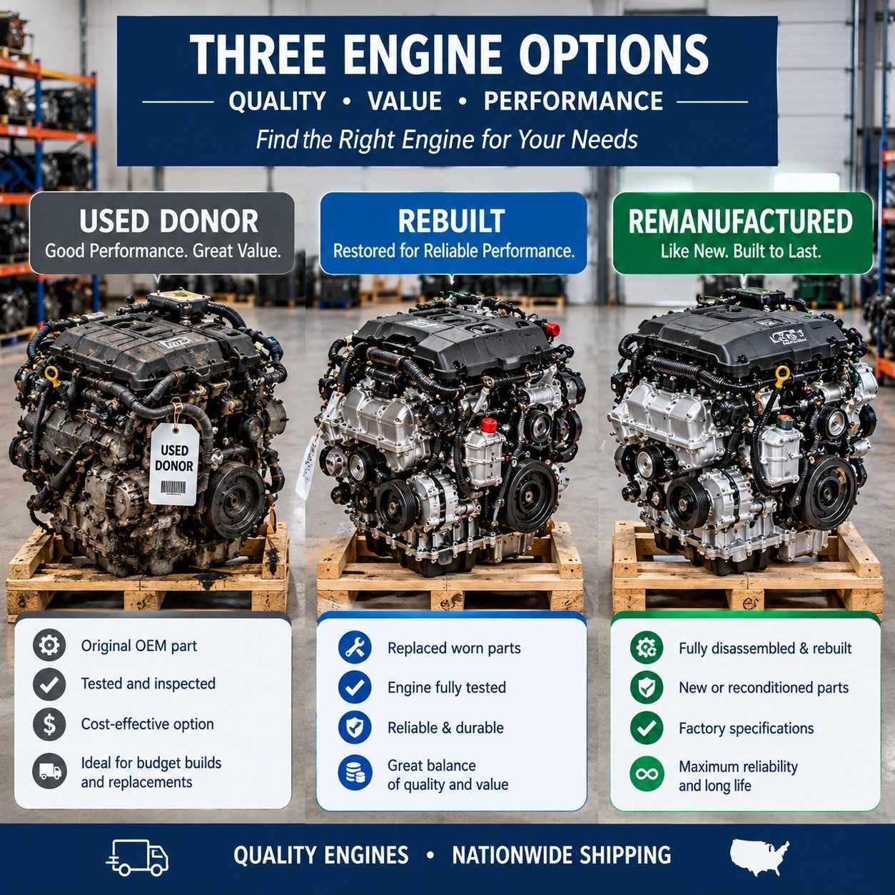 Three engines side by side showing used donor, rebuilt, and remanufactured options