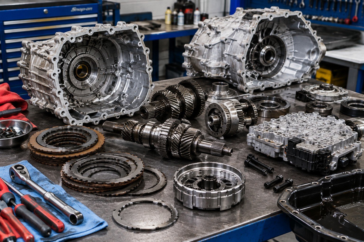 Transmission internals disassembled on a workbench during a rebuild