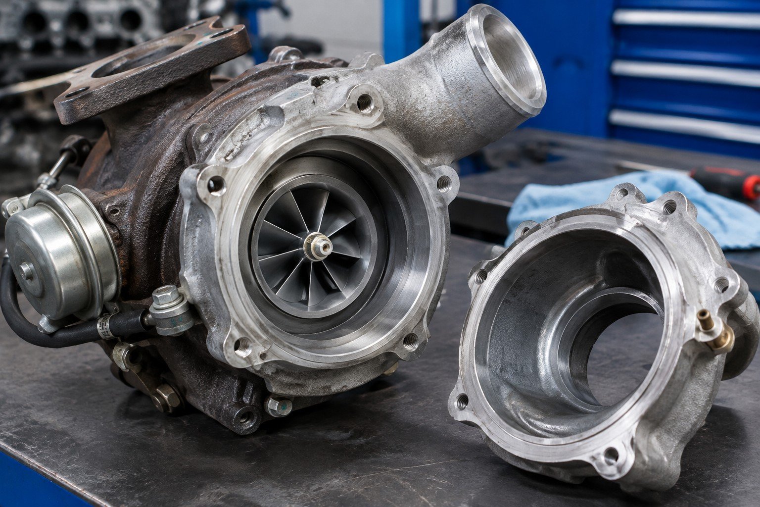 Turbocharger removed from an engine showing the compressor wheel for inspection