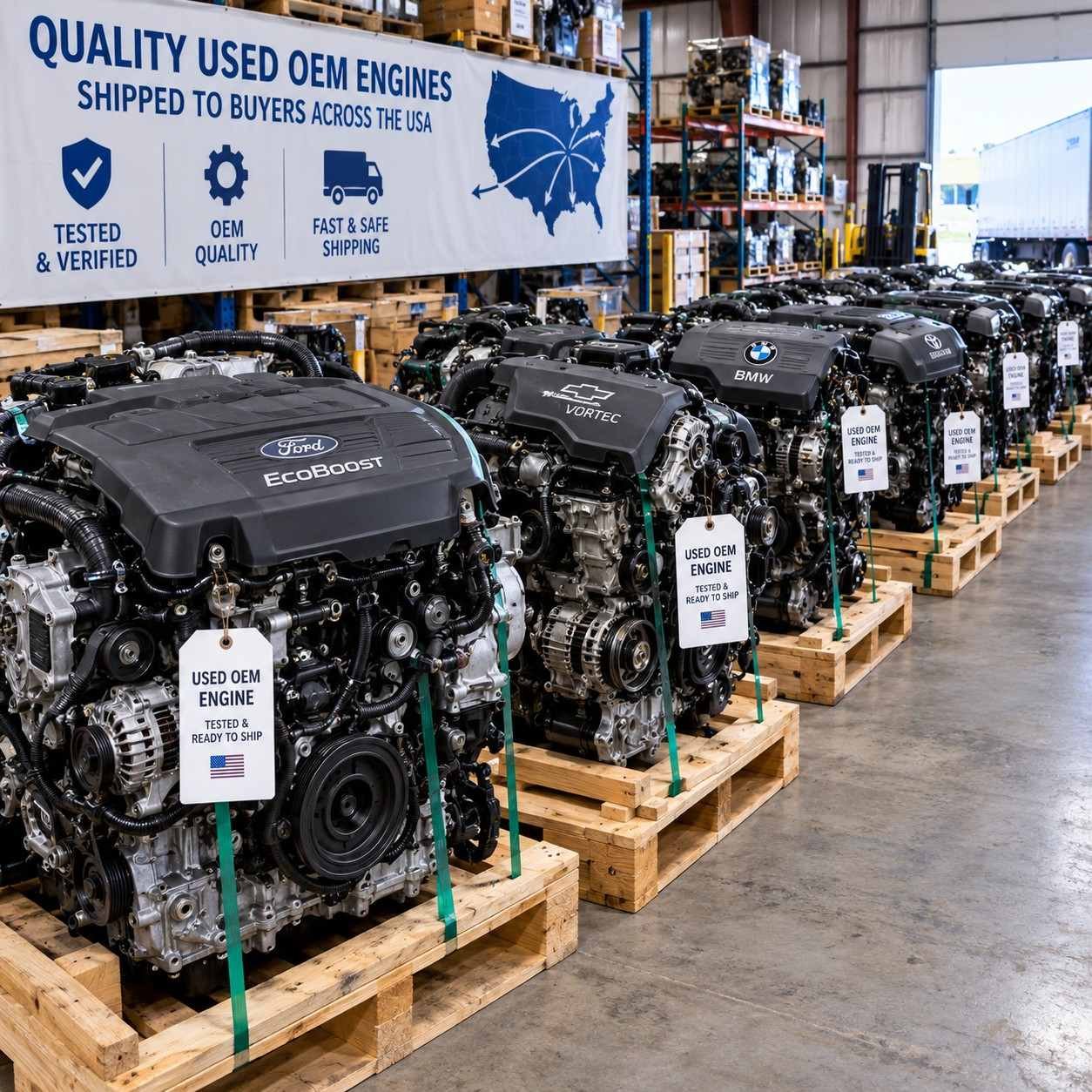 Used OEM engines lined up on shop pallets ready to ship to buyers across the US