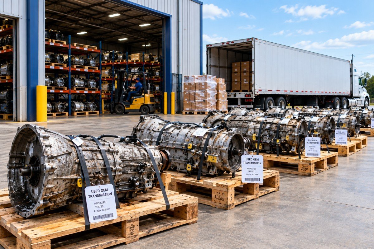 Used OEM transmissions on pallets ready to ship to buyers across the US